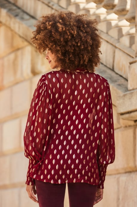 Red & Gold Metallic Spot Print Blouson Sleeve Shirt