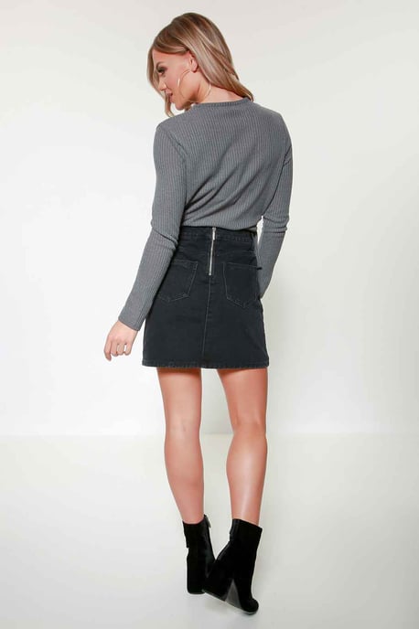 Black Embroidered Flower Black Denim Mini Skirt