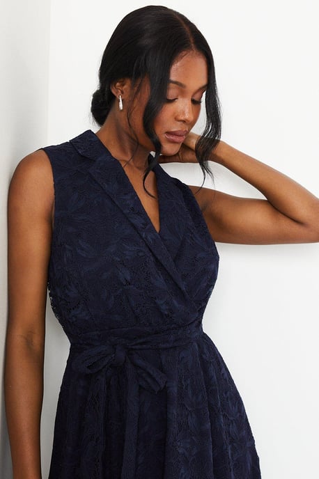 Sleeveless Lace Shirt Tie Waist Midi Dress