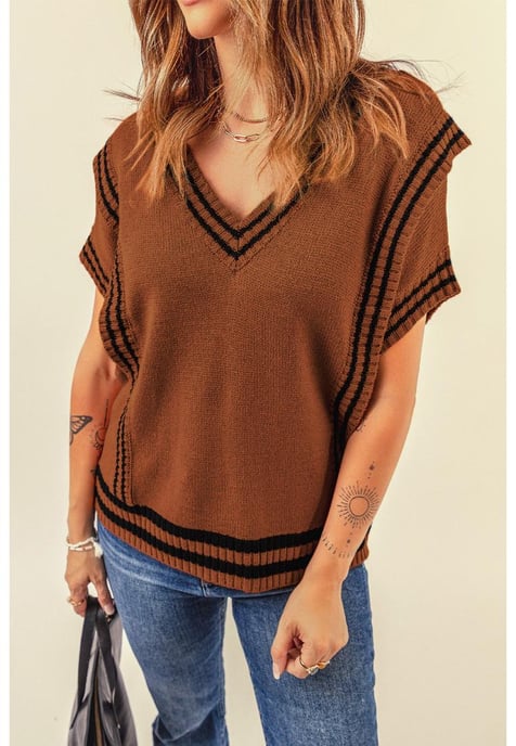 Women's Contrast Stripes V Neck Short Sleeve Sweater in Brown - Image 2
