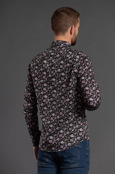 Black Cotton Floral Print Long Sleeve Shirt