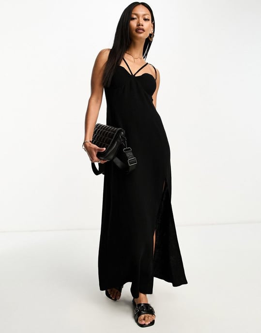 ASOS DESIGN linen cupped maxi slip sundress with cut out back in black