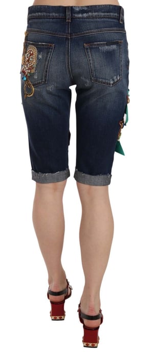 Dolce & Gabbana Dames Blauwe Denim Mid Waist Kristallen Capri Shorts - Image 4