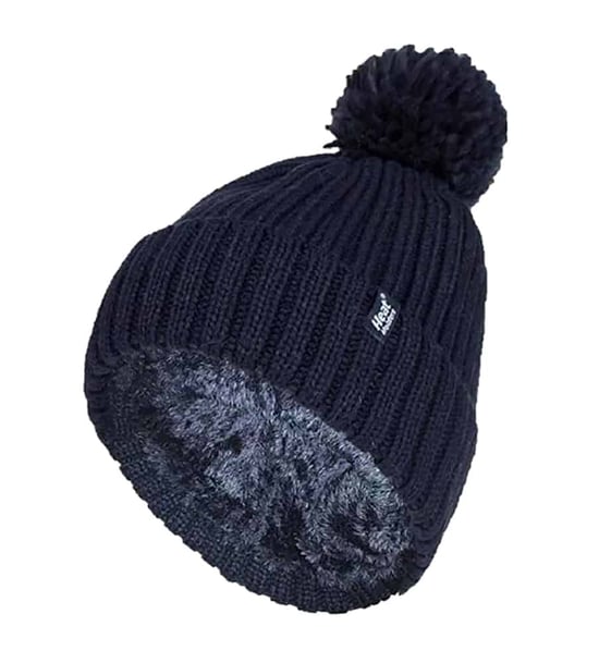 Ladies Ribbed Cuffed Thermal Insulated Winter Pom Pom Bobble Hat - Image 1