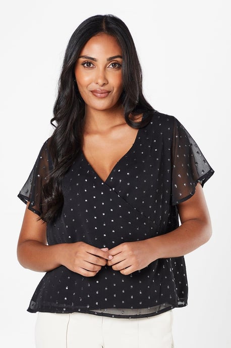 Petite Metallic Spot Wrap Blouse