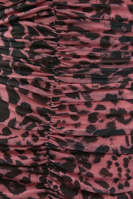 Leopard Print Mesh Fitted Ruched Midi Dress