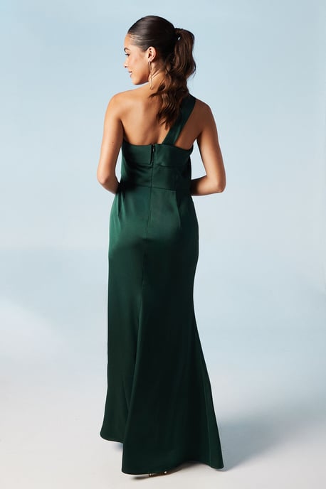Asymmetric Neckline Satin Bridesmaids Maxi Dress