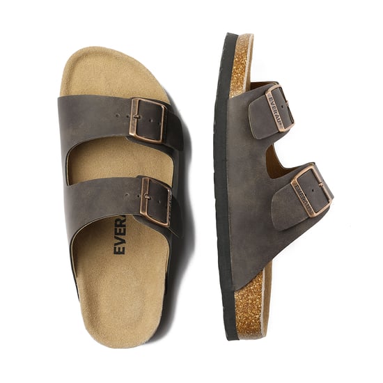 EVER AU Men Duck Leather Twin Buckle Sandals - Brown Oiled Leather