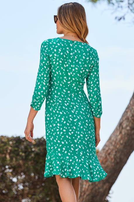 Green Fleck Print Ruched Front Fit & Flare Dress