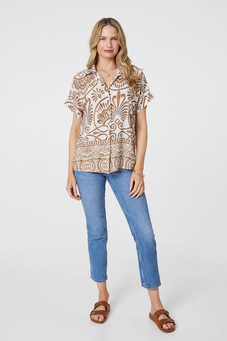 Beige Printed Button Down Short Sleeve Shirt