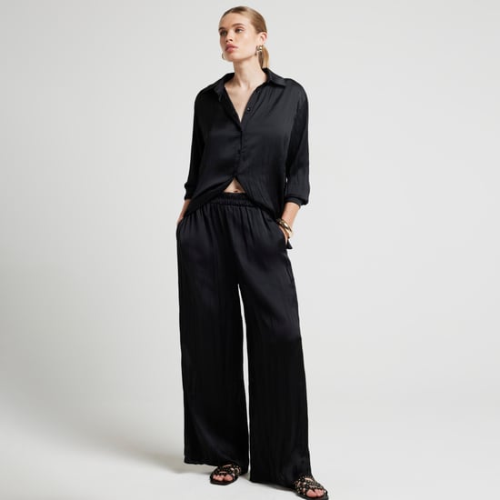 River Island Womens Shirt Black Crinkle Satin Collared Long Sleeve