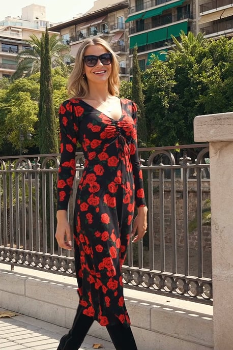 Black & Red Floral Print Ruched Front V Neck Midi Jersey Dress