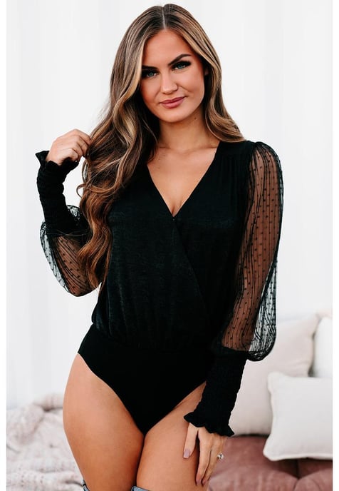 Women's Mesh Surplice Bodysuit in Black - Image 1