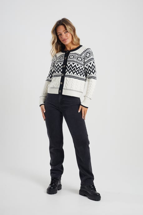 Cream Button Through Fairisle Cable Knit Cardigan