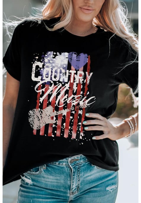 Women's American Flag Print Short Sleeve T-Shirt in Black - Image 3