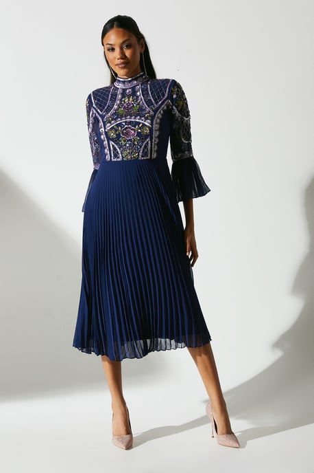 Embellished Short Sleeve Midi Wedding Guest Dress