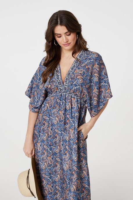 Navy Paisley Print Kimono Sleeve Midi Dress