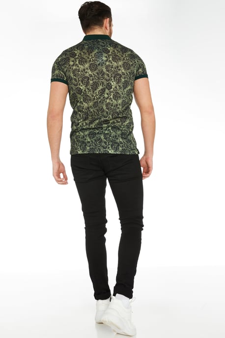 Floral Polo Shirt with Contrast Collar & Sleeves in Green