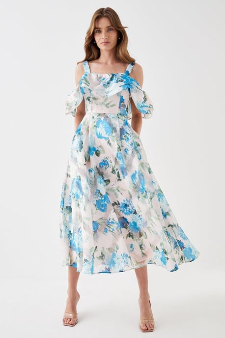 Jacquard Frill Bardot Midi Dress