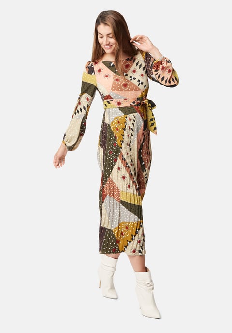 Pleated Maxi Long Sleeve Fathom Dress in Patchwork Print