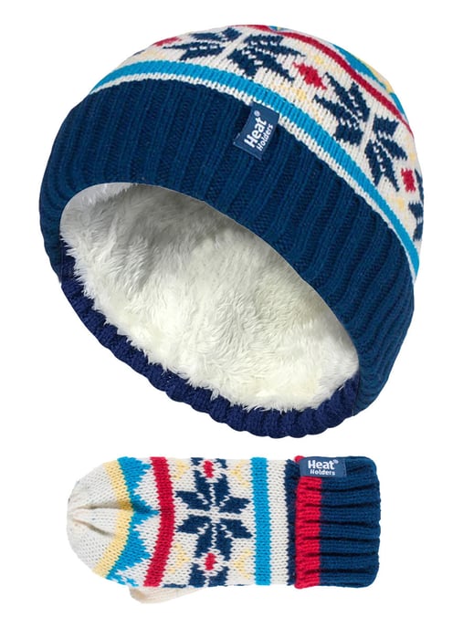 Heat Holders - Kids Boys Winter Knitted Thermal Fleece Lined Cuffed Beanie Hat and Mittens Set - CNM2P5 - Image 1