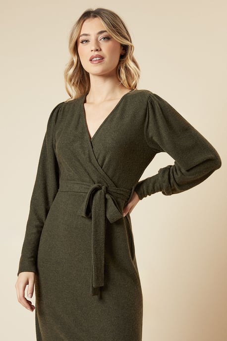 Brushed Wrap Belted Midi Dress