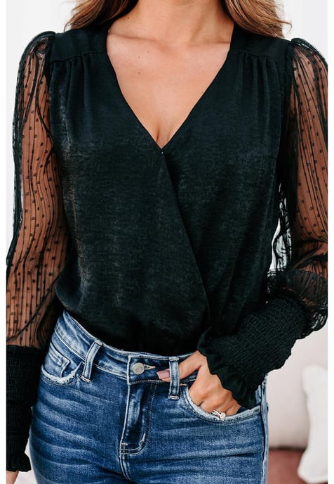 Women's Mesh Surplice Bodysuit in Black - Image 6