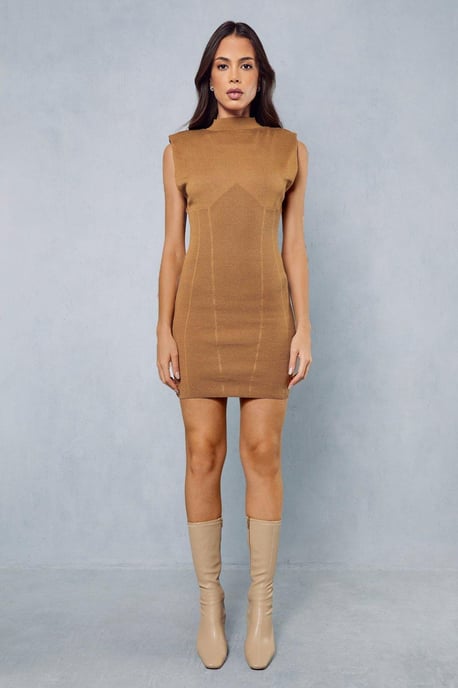 High Neck Knitted Shoulder Pad Mini Dress