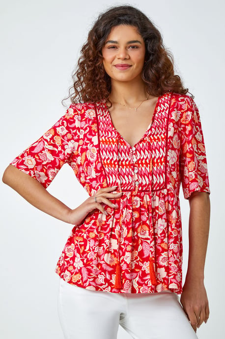 Floral Border Tie V-Neck Smock Top