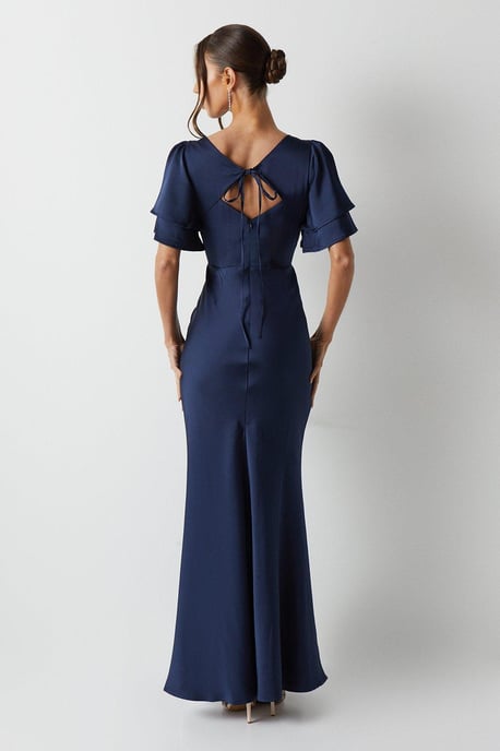 Satin Back Crepe Double Sleeve Bridesmaids Dress