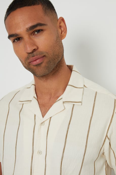Natural 'Lightwood' Textured Stripe Revere Collar Short Sleeve Shirt
