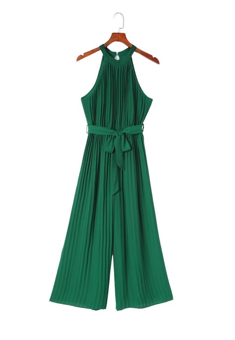 Women's Pleated Wide Leg Jumpsuit with Belt in Green - Image 6