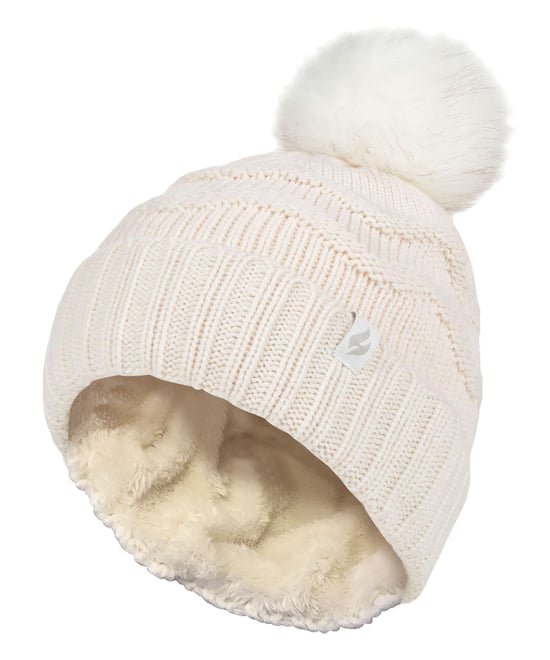 Ladies Winter Fur Beanie Hat | Heat Holders | Zigzag Patterned Pom Pom Hat | Womens Thermal Cuff Bobble Hat - Cream - Image 1