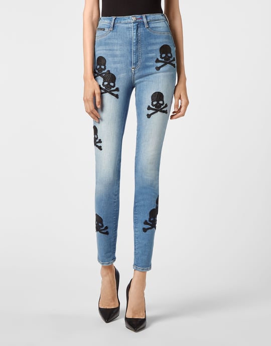 Superhög midja Jeggings med dödskalle - Image 1