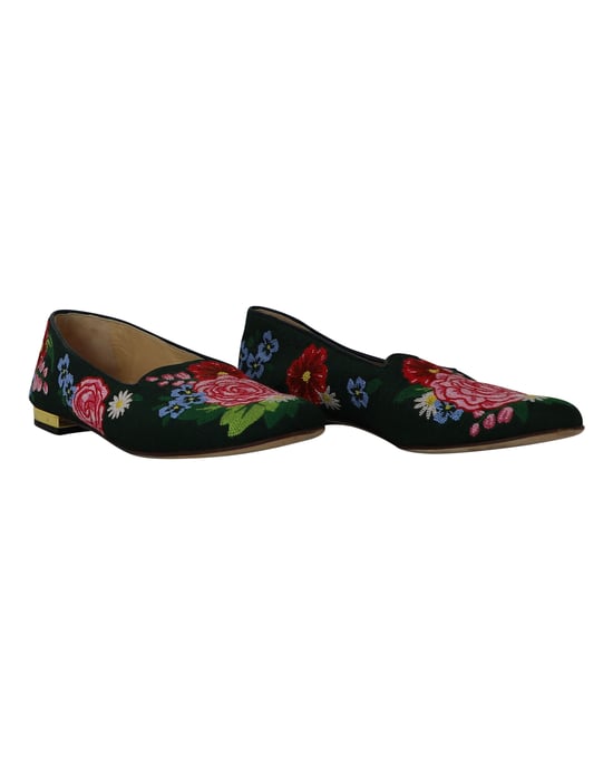 Charlotte Olympia Rose Garden Floral Embroidered Flats in Green Fabric - Image 3