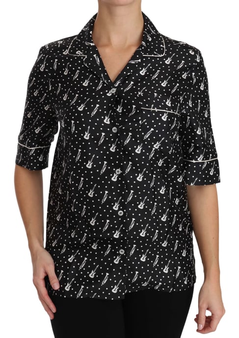 Dolce & Gabbana Women's Black Guitar & Trumpet Print Silk Shirt Top - Image 5