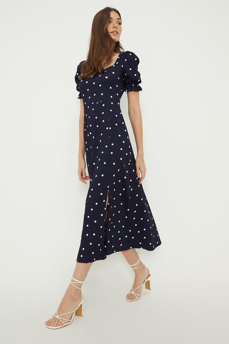 Navy Spot Sweetheart Neckline Midi Dress