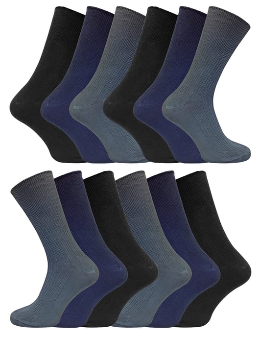 12 Pair Multipack Mens 100% Cotton Diabetic Friendly Socks | Sock Snob | Ribbed Non Elastic Loose Wide Top Socks - TSFD02 - Image 1