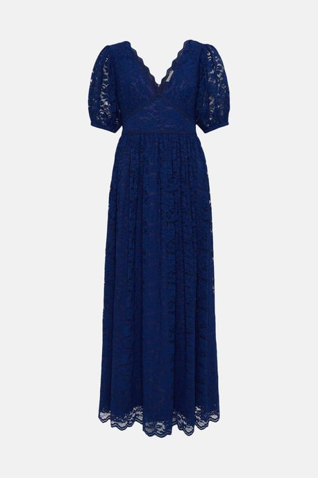 Lace Puff Sleeve V Neck Midaxi Dress