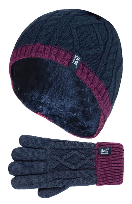 Heat Holders - Kids Girls Cute Cable Knitted Warm Fleece Lined Pompom Winter Hat and Gloves Set with Bobble - NP2P13 - Image 1
