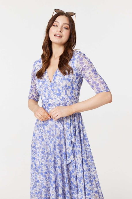 Blue Tie Dye Print 1/2 Sleeve Midi Dress
