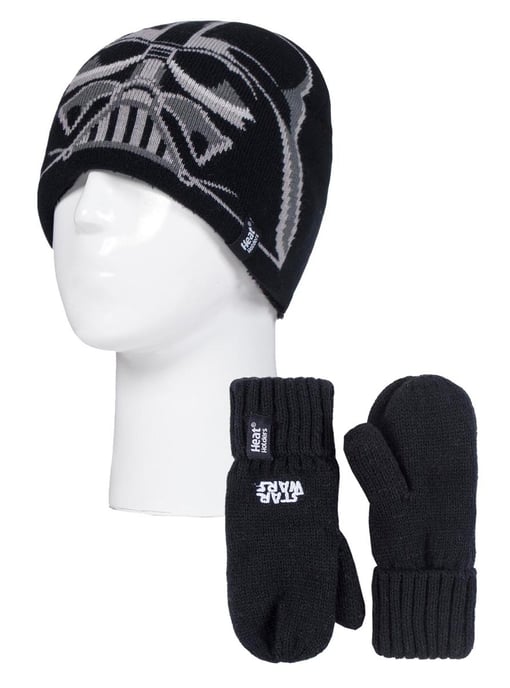 Heat Holders - Boys Fleece Lined Marvel/Star Wars Warm Thermal Ski Beanie Winter Hat and Mittens Set - Darth Vader - Image 1