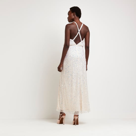 River Island Womens Maxi Dress White Sequin Halter Neck