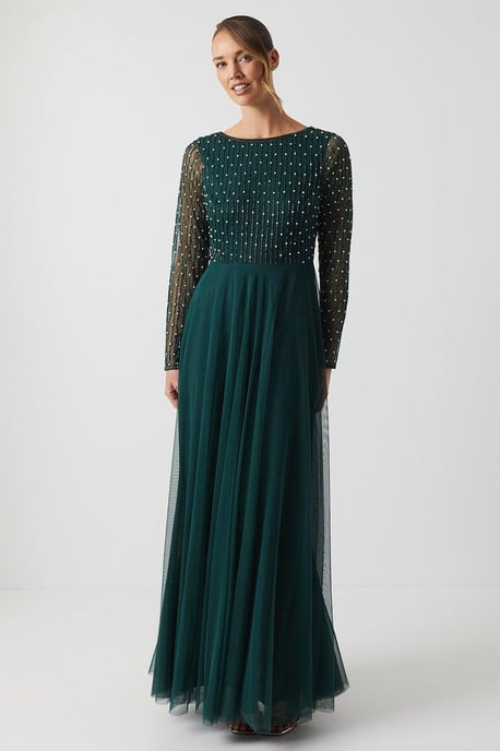 Pearl Geometric Cowl Back Long Sleeve Bridesmaids Dress - Image 1