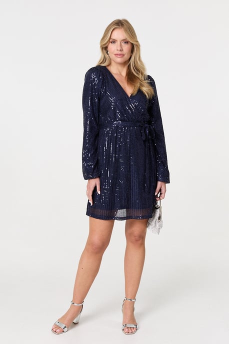 Navy Sparkly Sequin Long Sleeve Mini Wrap Dress