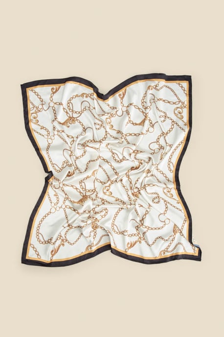 White Chain Print Satin Scarf With Border