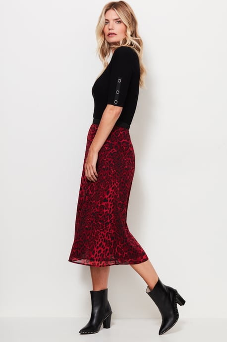 Red Leopard Print Midi Skirt