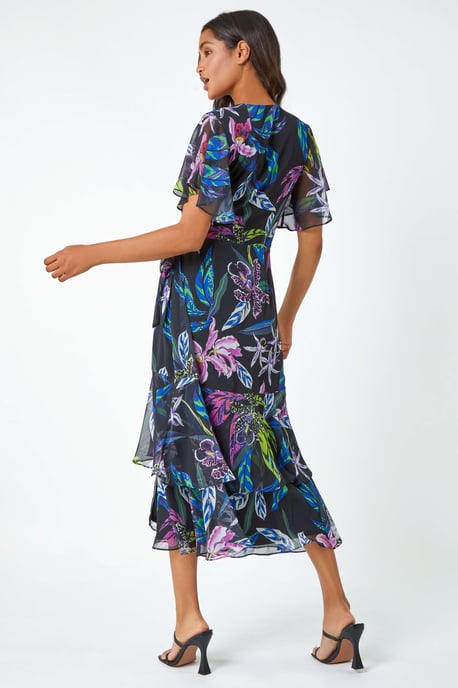 Tropical Print Tiered Midi Wrap Dress
