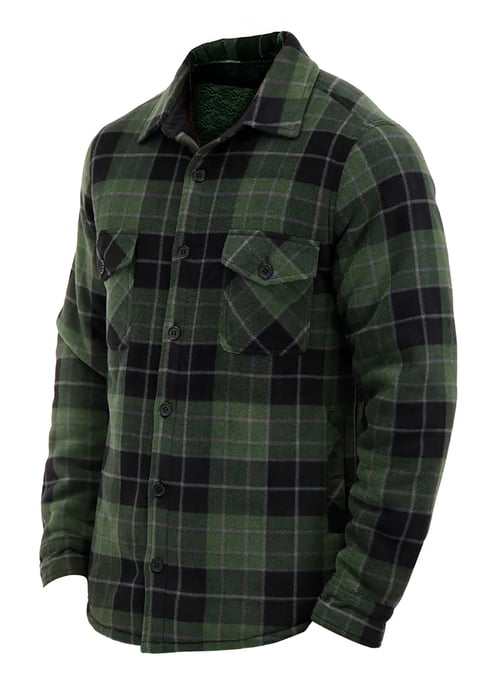 Men's Quilted Plaid Winter Jacket | Heat Holders | Long Sleeve Plaid Shirt | Checkered Pattern - Hunter / Black - Image 2