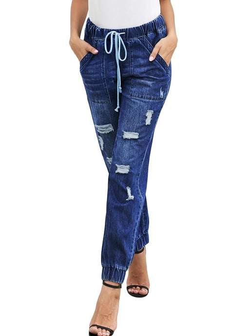 Women's Drawstring Pocketed Joggers in Blue - Image 4